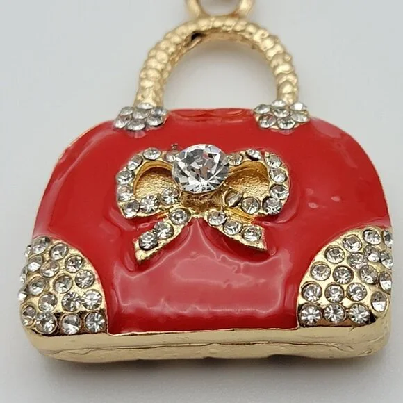 Betsey Johnson Red Enamel Purse Pendant Necklace Gold-Tone Clear Crystal 30 Inch - Picture 4 of 8